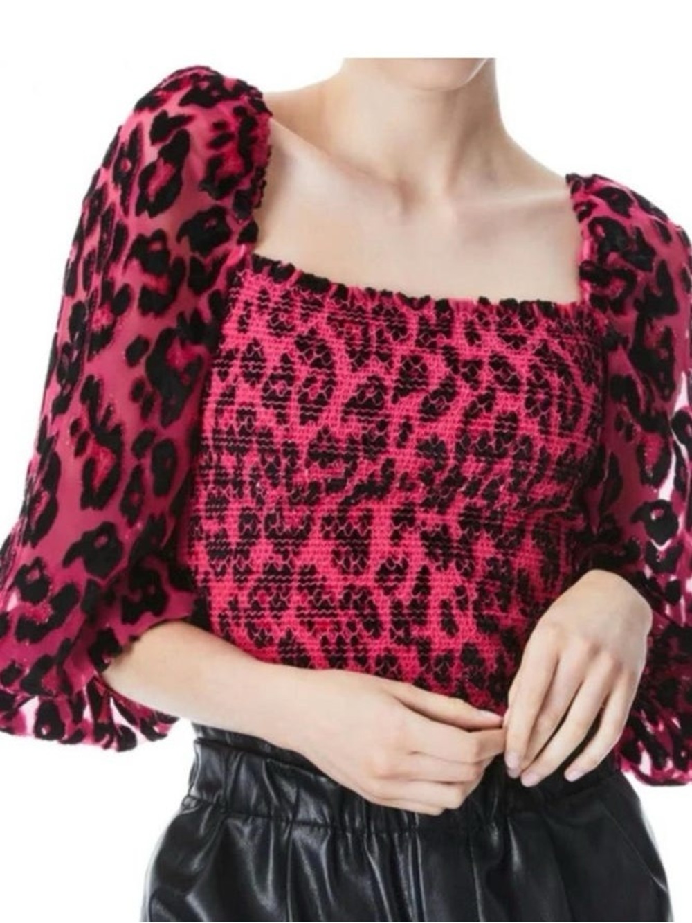 Alice + Olivia Smocked Pink Leopard top